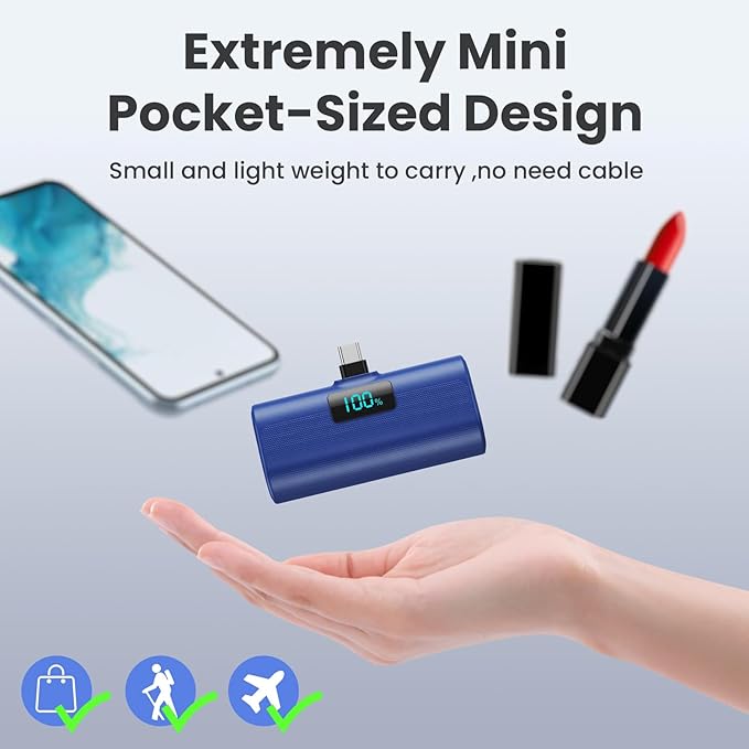 [2-Pack]Portable Charger for iPhone 17/16/15 Series,5200mAh PD USB C Power Bank Built-in USB-C Connector,Travel Battery Pack Compatible with iPhone 17/17 Pro Max/16/15 Series,Galaxy,Android-Black+Blue