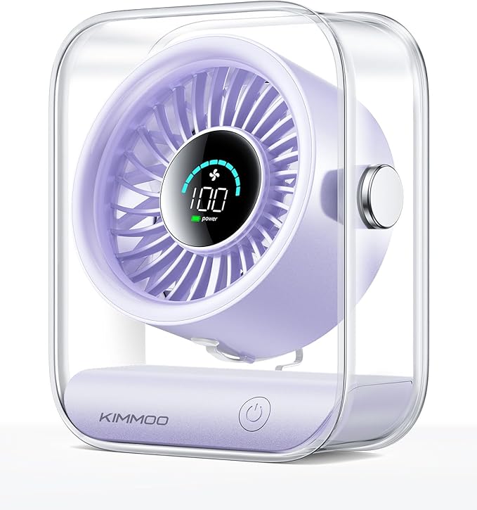 KIMMOO USB Desk Fan, Quiet Table Fan with Turbo Airflow, 100 Speeds, Digital Display, 90° Rotating, Small Rechargeable Battery Desktop Fans for Bedroom Home Office Travel, Lavender