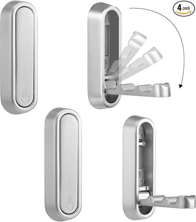 Dntorx Folding Coat Hooks, 4 Pcs Foldable Silver Wall Hooks Heavy Duty Foldable Hook Bathroom Towel Hooks Robe Hooks Wall Mounted for Hanging Coat Towels Clothes Hat Bags Keys