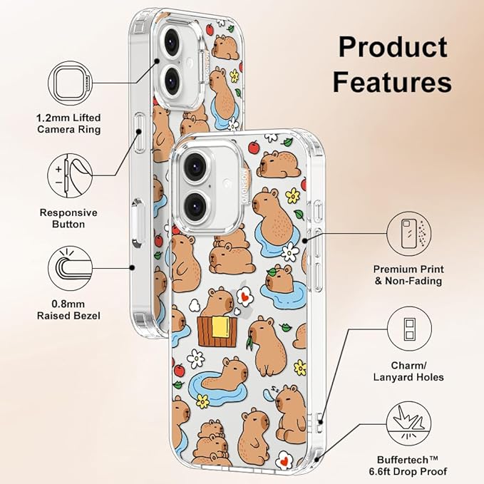 MOSNOVO for iPhone 16 Case, Shockproof Military-Grade Protection 6.6ft Drop Tested, Clear Phone Case for iPhone 16, Capybara Land Design