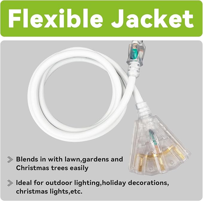 EP 20FT 12 Gauge Heavy Duty Extension Cord, 15A 125V 1875W, 3 Outlet Indoor/Outdoor Power Cord with Lighted End, 12/3 SJTW Weatherproof White, ETL Listed