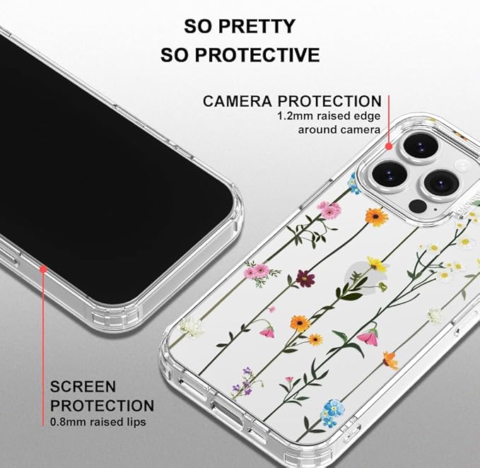 MOSNOVO Case for iPhone 16 Pro, [Buffertech 6.6ft Military-Grade Drop Protection] [Anti Peel Off Tech] Clear TPU Bumper Phone Case Cover Design - Wildflowers