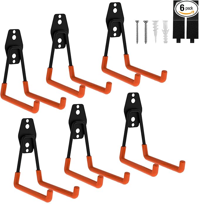 Garage Hooks Heavy Duty, 6 Pack Medium Square Steel Garage Storage Hooks with Anti-Slip Coating, Multi-Purpose Ladder Hooks for Hanging Garden Tools, Hoses, Bikes and Folding Chairs (Orange)