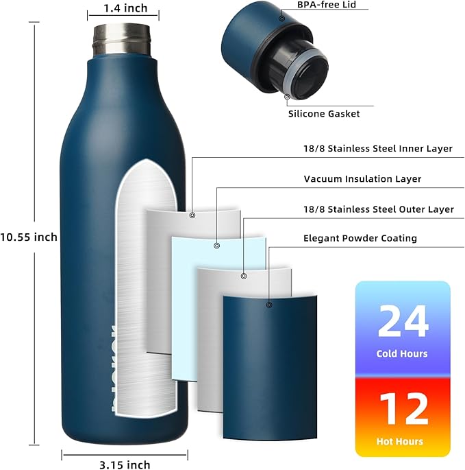 BJPKPK Insulated Water Bottles, 25 oz Stainless Steel Metal Water Bottle with Strap, BPA Free Leak Proof Jugs, Mugs, Flasks, Reusable Thermal Flasks for Sports & Travel, Navy Blue