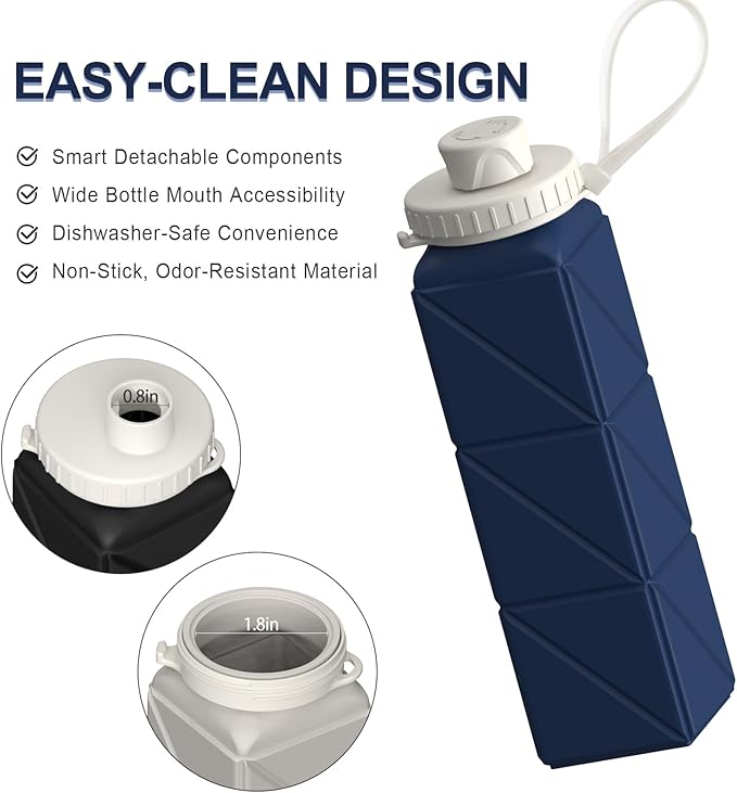 BEAUTAIL Collapsible Water Bottles 20.6oz, Silicone Foldable Portable Travel Water Bottle, BPA-Free, Leakproof Reusable for Traveling Camping Hiking Sports Outdoor, 2 Pack (Black+Dark Blue)