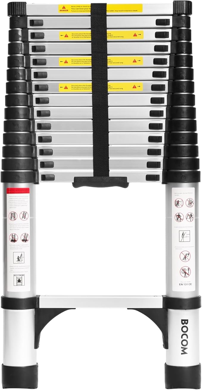 BOCOM 14.5 FT Aluminum Telescoping Ladder, Lightweight Multi-Purpose Collapsible Extension with 2 Triangle Stabilizers, Heavy Duty 330 lbs Max Capacity, Ideal for Home, RV, and Outdoor Work Silver