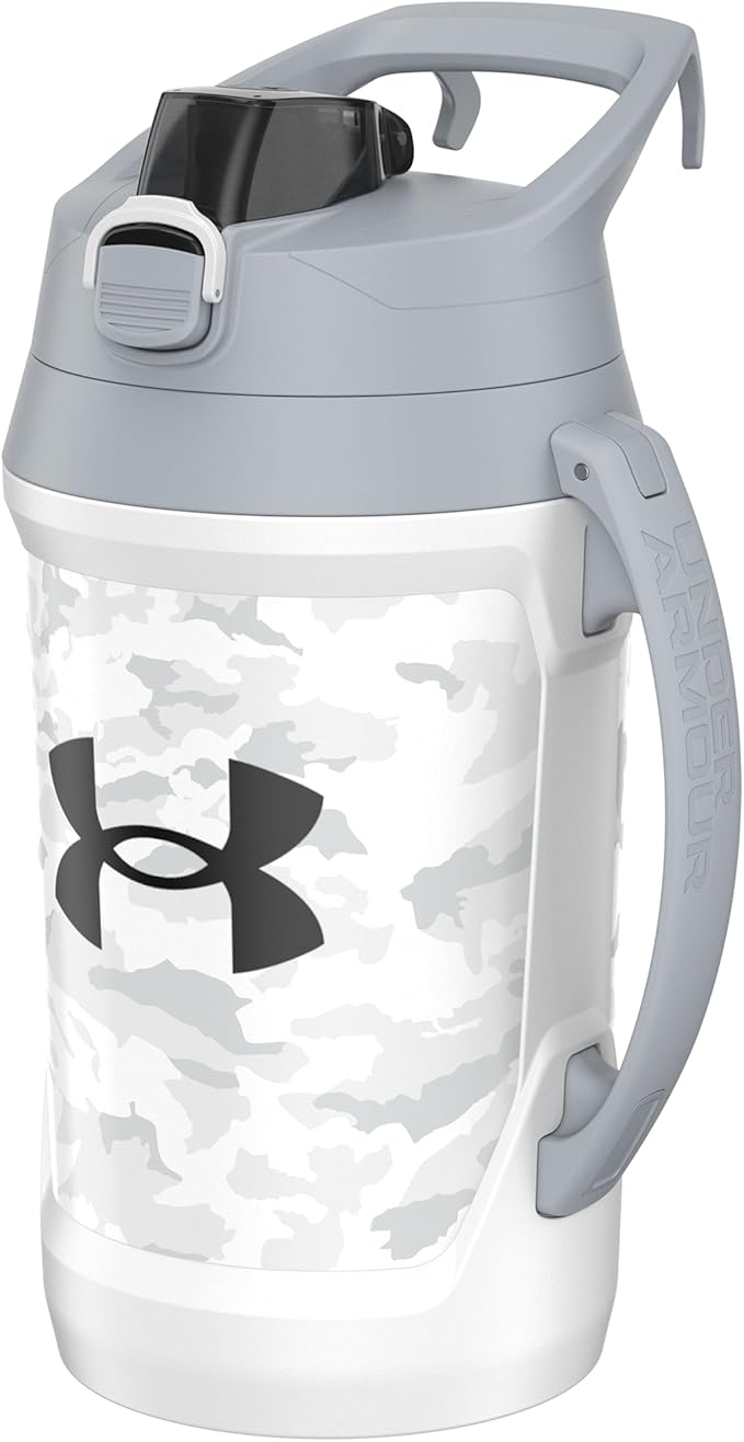 Under Armour Half Gallon Water Bottle Insulated, 64oz Insulated Water Bottle with Handle, Fence Hook, Leak Resistant, for Baseball, Football & More - White Woodland