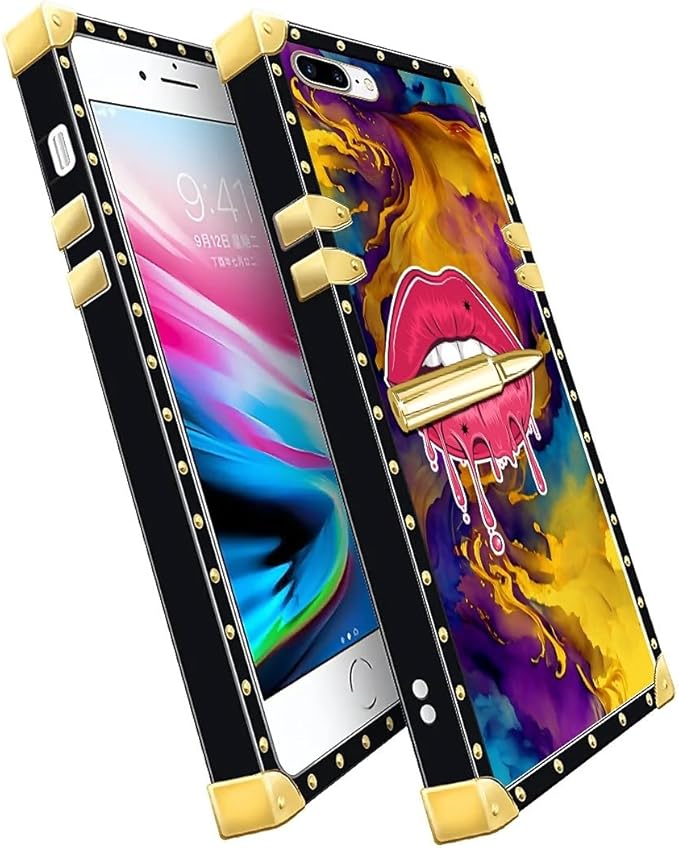 Compatible with iPhone 8 7 SE Case, Cool Corlorful Lip Marble Luxury Golden Decoration for Girl Women Soft TPU Shockproof Protective Hard PC Back for iPhone 8 7 SE