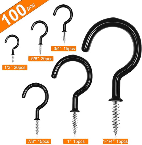 100 PCS Screw in Cup Hooks,6 Size Vinyl Coated Screw Hooks,Multipurpose Ceiling Hook Wind Chimes Kitchen Cup Hook for Hanging Indoor & Outdoor Use(Black)