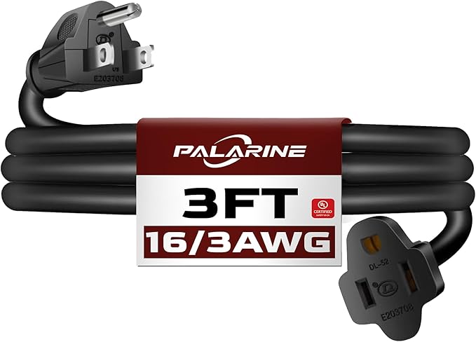 3ft Black Extension Cord Waterproof, UL Listed, 16/3 SJTW Heavy Duty 3 Prong, 16 Gauge 13A Power Cord Ideal for Lights, Appliances, and Lawn