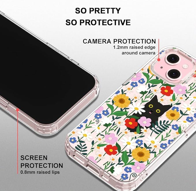 MOSNOVO Case for iPhone 15 Plus/iPhone 14 Plus, [Buffertech 6.6ft Military-Grade Drop Protection] [Anti Peel Off Tech] Clear TPU Bumper Phone Case Cover Design - Black Cat in Garden