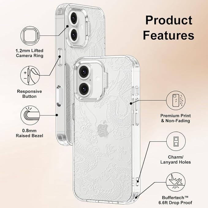 MOSNOVO Case for iPhone 16 Plus, [Buffertech 6.6ft Military-Grade Drop Protection] [Anti Peel Off Tech] Clear TPU Bumper Phone Case Cover Design - White Dragon