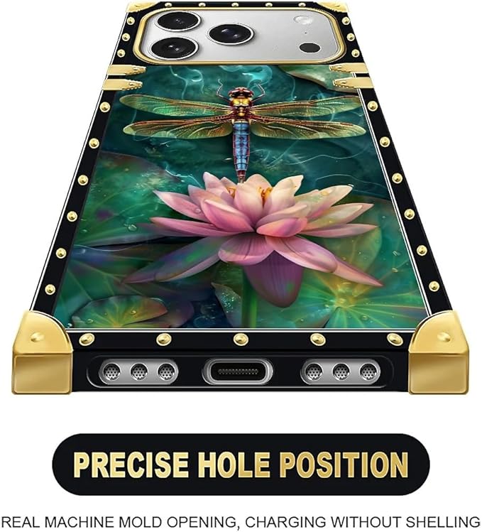 for iPhone 17 Pro Case Luxury Golden Decoration for Girl Women Soft TPU Shockproof Protective Hard PC Back for iPhone 17 Pro Crazy Pattern Colourful Dragonfly Pink Lily Pads