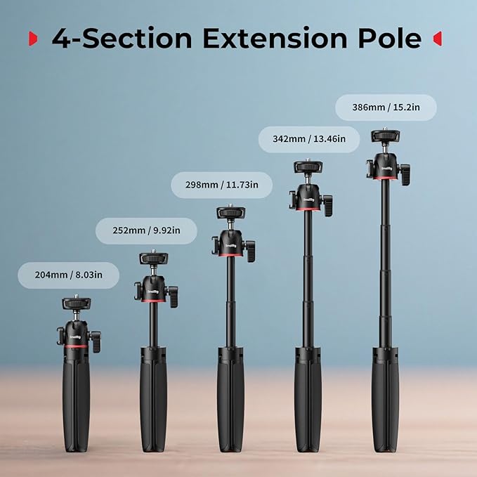 SMALLRIG Small Camera Tripod Selfie Stick, Extendable 8"-15" Mini Handheld Carabiner Tripod with Mantis Hook, 360° Ball Head, Cold Shoe Mount, 1/4"-20 Screw for DSLR, Adapter for DJI, for GoPro - 5285