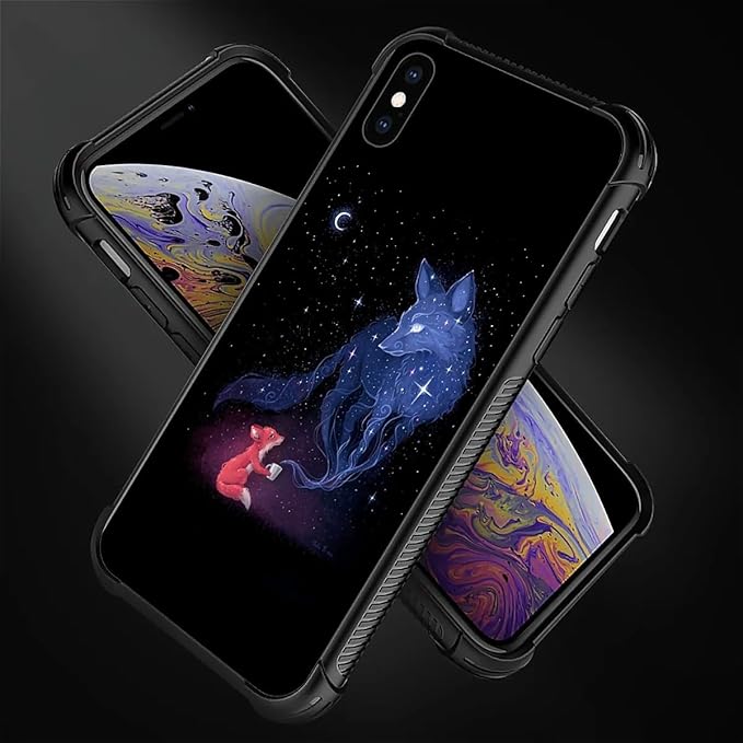 for iPhone Xs Max Case, Galaxy Fox Wolf Pattern Graphic Design Girl Boy Soft Silicone Hard Acrylic Shock Protection for iPhone Xs Max