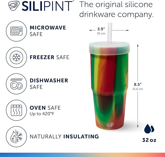 Silipint 32oz Silicone Straw Tumbler – BPA-Free, Non-Toxic, Unbreakable, Microwave, Dishwasher Safe – Perfect for Tea, Cold Water, Smoothies, Hibiscus - Pack of 2