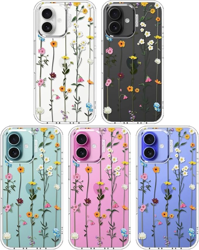 MOSNOVO Case for iPhone 16 Plus, [Buffertech 6.6ft Military-Grade Drop Protection] [Anti Peel Off Tech] Clear TPU Bumper Phone Case Cover Design - Wildflowers