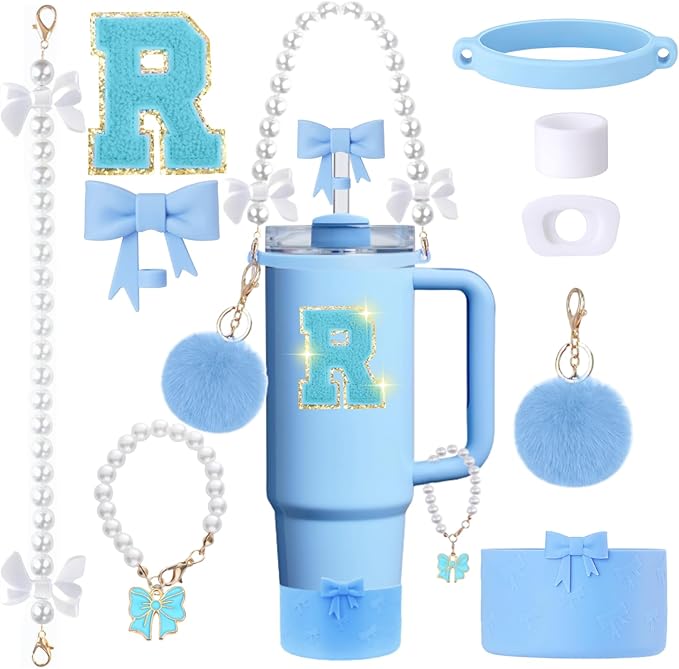 9pcs Stanley Cup Accessories Set- for 30oz 40oz Tumblers with Handle - Bule Kit Includes Bow Straw Topper and Boot, Charm, Pearl Handle Strap & Stickers - Aesthetic Girl Gifts (R)