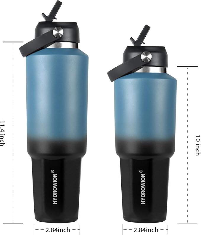 HYDROWION 32 oz Insulated Water Bottle, Car Water Bottle Holder - Double Wall Vacuum Insulated Travel Bottle with Straw Lid, Spout Lid and Flex Cap - Cold for 24H, Hot for 12H, Black