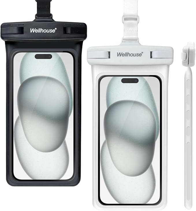 wellhouse Waterproof Phone Pouch, Waterproof Phone Case for iPhone 17 16 15 14 13 Pro Max XS Samsung, IPX8 3D Cellphone Dry Bag Beach Essentials (2 Pack - Black & White7.0, 7 inch)