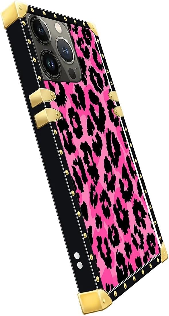 Compatible with iPhone 14 Pro Case, Pink Black Leopard Luxury Golden Decoration for Girl Women Soft TPU Shockproof Protective Hard PC Back for iPhone 14 Pro