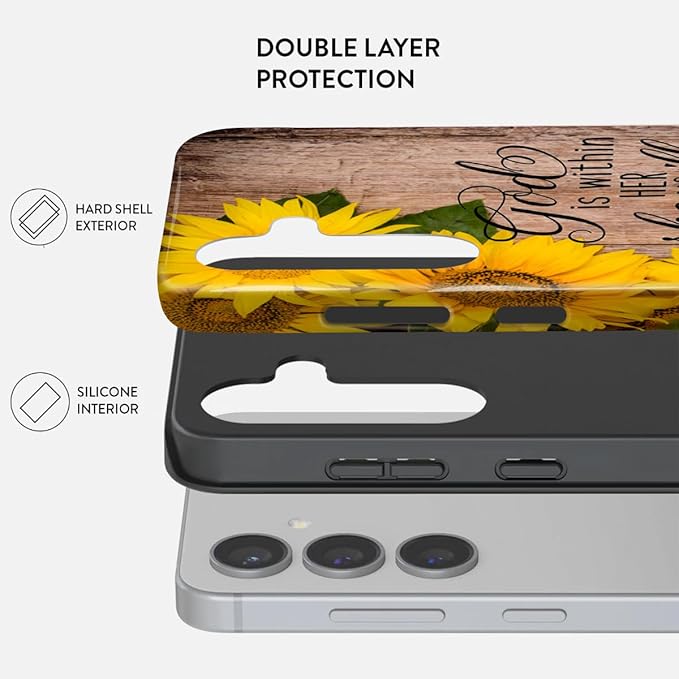 Compatible for Samsung Galaxy S25 5G Case, Dual Layer Heavy Duty 2 in 1 Shockproof Protective Phone Case,Bible Verses Psalm 46:5 Wood and Sunflower