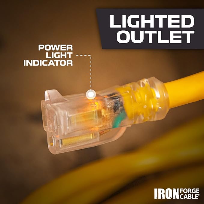 Iron Forge Cable Outdoor Extension Cord 25 Ft - 10 Gauge Heavy Duty Extension Cord, 15 AMP, 10/3 Yellow Power Cable SJTW Weatherproof with 3 Prong