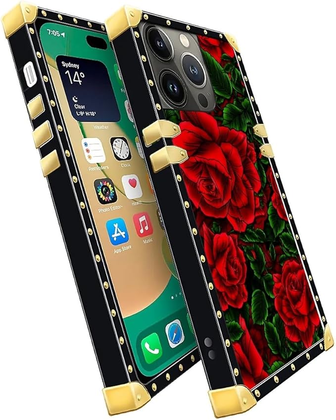 Compatible with iPhone 14 Pro Max Case, Vector Red Rose Green Leaf Luxury Golden Decoration for Girl Women Soft TPU Shockproof Protective Hard PC Back for iPhone 14 Pro Max