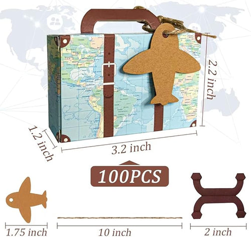 100Pcs Party Favor Candy Box, World Map Mini Suitcase Favor Box, Vintage Kraft Paper with Tags and Burlap Twine for Travel Themed Party, Bridal Shower, Wedding Decorations