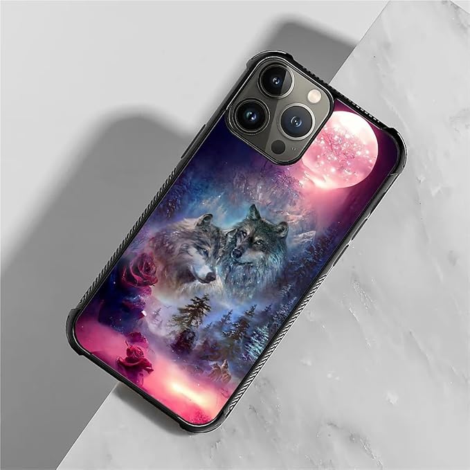 for iPhone 15 Pro Case, Star Two Wolfs Howling Pattern Graphic Design Girl Boy Soft Silicone Hard Acrylic Shock Protection for iPhone 15 Pro
