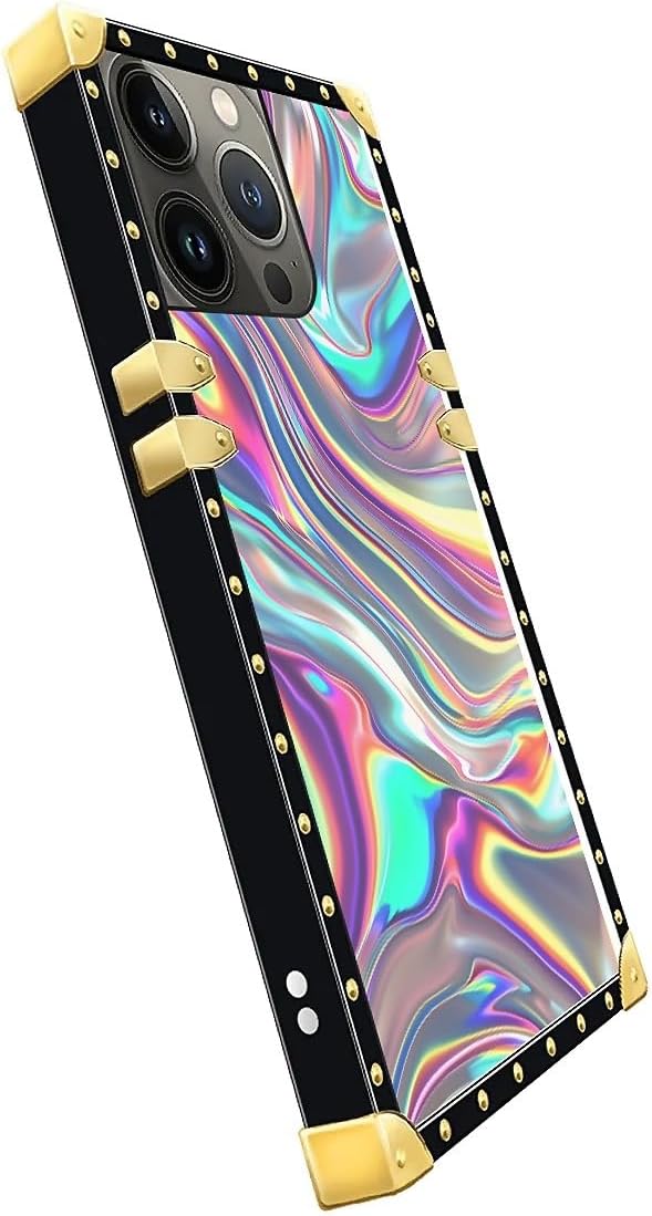 Compatible with iPhone 14 Pro Max Case, Holographic Abstract Iridescent Textures Luxury Golden Decoration for Girl Women Soft TPU Shockproof Protective Hard PC Back