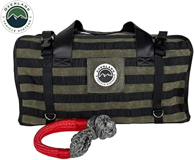 Overland Vehicle Systems Large Recovery Bag with Handle & Straps - #16 Waxed Canvas Storage - Infused with Paraffin Wax Waterproofing - Two Heavy Duty Alligator buckles and Industrial Nylon Handle