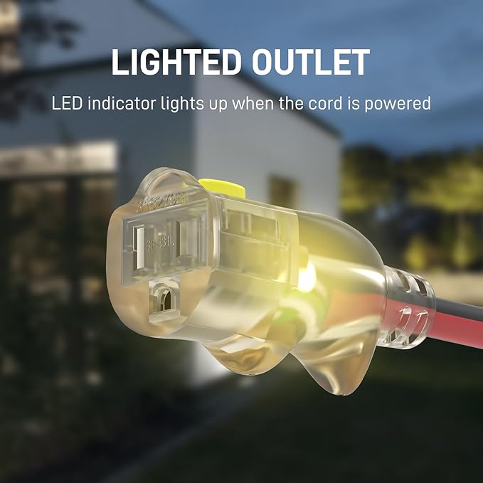 25FT 14/3 Gauge Medium Duty Outdoor Extension Cord Waterproof with Locking LED Lighted Plugs, SJEOW All-Weather Jacket (-50°C to 105°C), 15amp 1875W, 3 Prong, ETL Certified