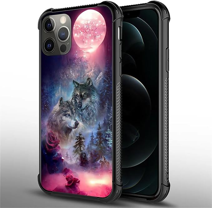 for iPhone 11 Pro Max Case, Star Two Wolfs Howling Pattern Graphic Design Girl Boy Soft Silicone Hard Acrylic Shock Protection for iPhone 11 Pro Max