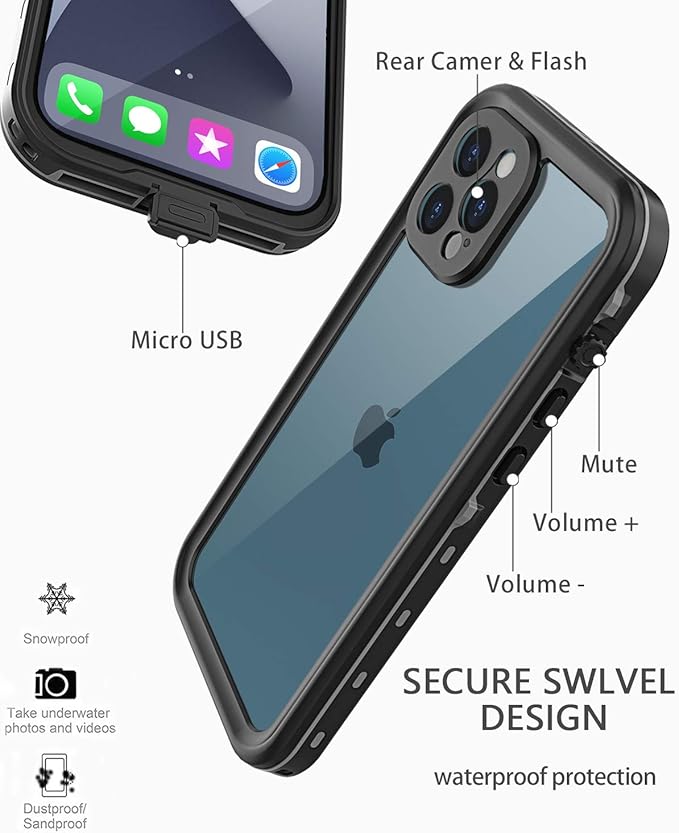 Design for iPhone 12 Pro Waterproof Case, Full Body Shockproof Case with Screen Protector, Dust Proof Phone Cover for iPhone 12 Pro 6.1 Inch (Black)
