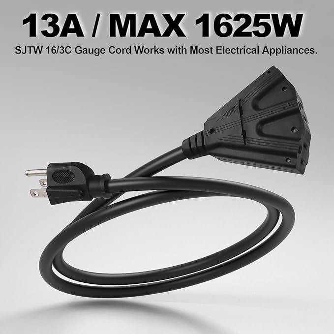 EP 10 Ft Outdoor Extension Cord with 3 Electrical Power Outlets - 16/3 SJTW Black Cable with 3 Prong Grounded Plug for Safety Great for Christmas Lights, Garden and Major Appliances