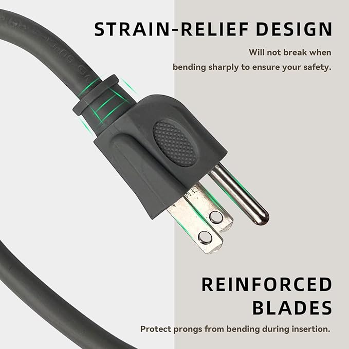 8ft Outdoor Extension Cord for Christmas Decorations- 16/3 Heavy Duty SJTW Waterproof Gray Electrical Cable with 3 Prong Grounded Plug for Safety, Great for Lawn and Major Appliances
