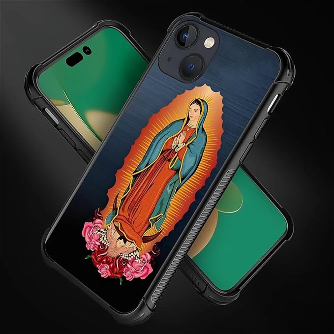 for iPhone 14 Case, Red Virgen Guadalupe Pattern Graphic Design Girl Boy Soft Silicone Hard Acrylic Shock Protection for iPhone 14