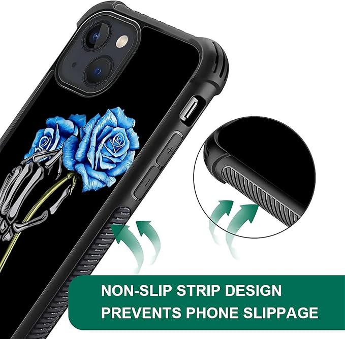 for iPhone 15 Case, Skeleton Holding Blue Rose Pattern Graphic Design Girl Boy Soft Silicone Hard Acrylic Shock Protection for iPhone 15