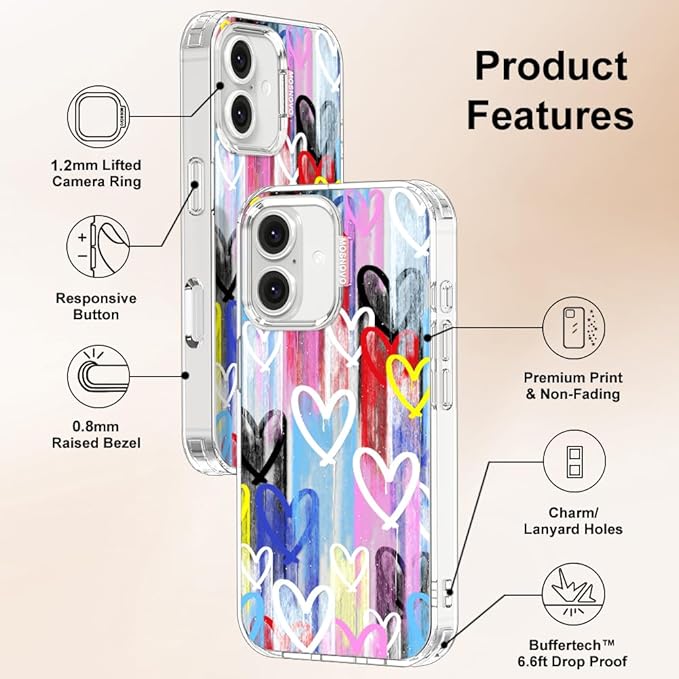 MOSNOVO for iPhone 16 Plus Case, Shockproof Military-Grade Protection 6.6ft Drop Tested, Clear Phone Case for iPhone 16 Plus, Graffiti Hearts Design