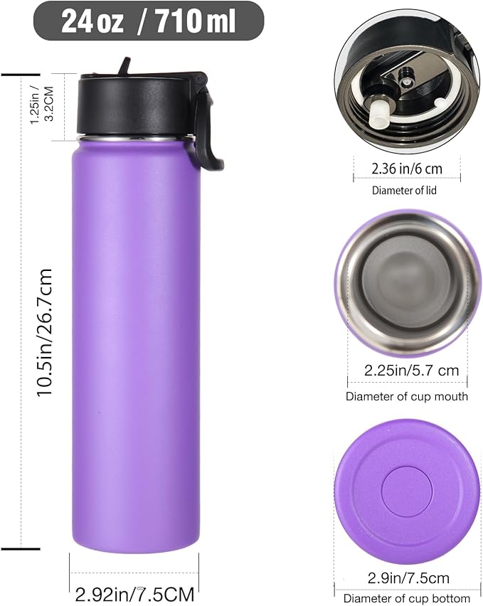 Volhoply 24oz Insulated Water Bottle With Straw Bulk 6 Pack,Metal Wide Mouth Water Bottles With Handle Lid Keep Cold,Reusable Double Wall Cups,Powder Coated Sport Bottle For Holder(Purple,6 Count)