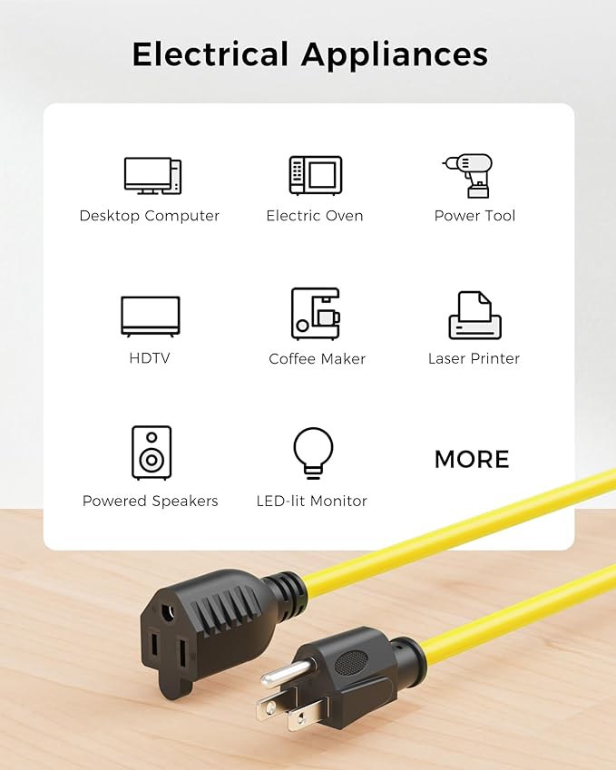 [UL Listed] Cable Matters 2-Pack 16 AWG Heavy Duty 13A Power Extension Cord - 10ft, 3 Prong Power Cord Extension, NEMA 5-15P to NEMA 5-15R, Yellow