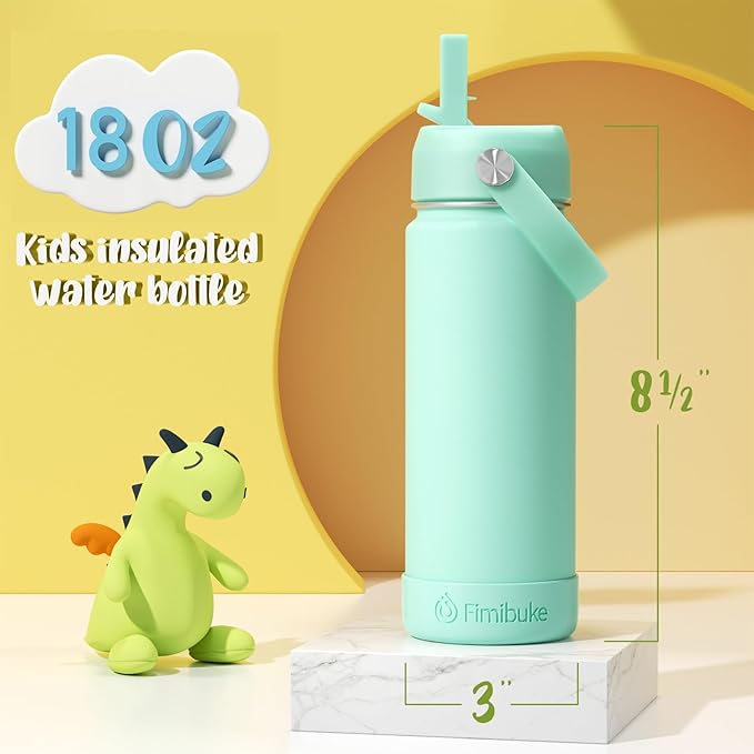 Fimibuke Kids Insulated Water Bottle, 18oz BPA FREE 18/8 Stainless Steel Kids Cup with Straw Travel Tumbler Double Wall Vacuum Leak Proof Toddler Water Bottle for School Boys Girls(1 Pack, Mint)