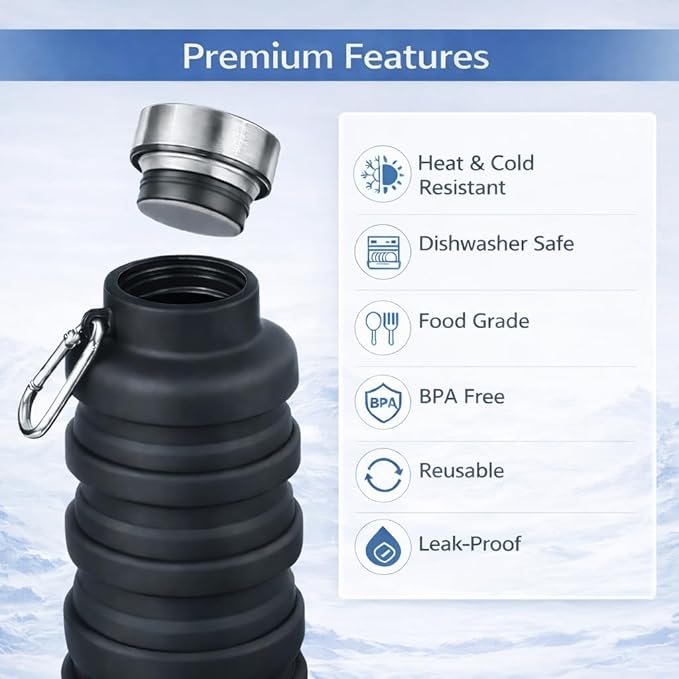 Collapsible Water Bottles,16oz Capacity Portable Reusable Silicone Water Bottle,Leak-proof,with buckle,foldable storage,Lightweight Durable for Fitness,Cycling,Sports,Camping,Hiking (Black)