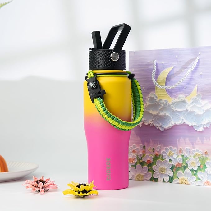 BJPKPK Insulated Water Bottles with Straw Lid, 40oz Metal Water Bottle with 2 lids & Paracord Strap, Double Wall Stainless Steel Tumbler with Handle, Reusable Cups, Mugs, Thermo, Pink & Yellow Rose