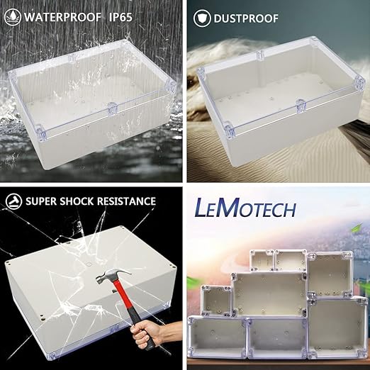 LeMotech ABS Plastic Junction Box Dustproof Waterproof IP65 Electrical Enclosure Box Universal Project Enclosure Grey with PC Transparent Clear Cover 10.4 x 7.2 x 3.7 inch (263 x 182 x 95 mm)