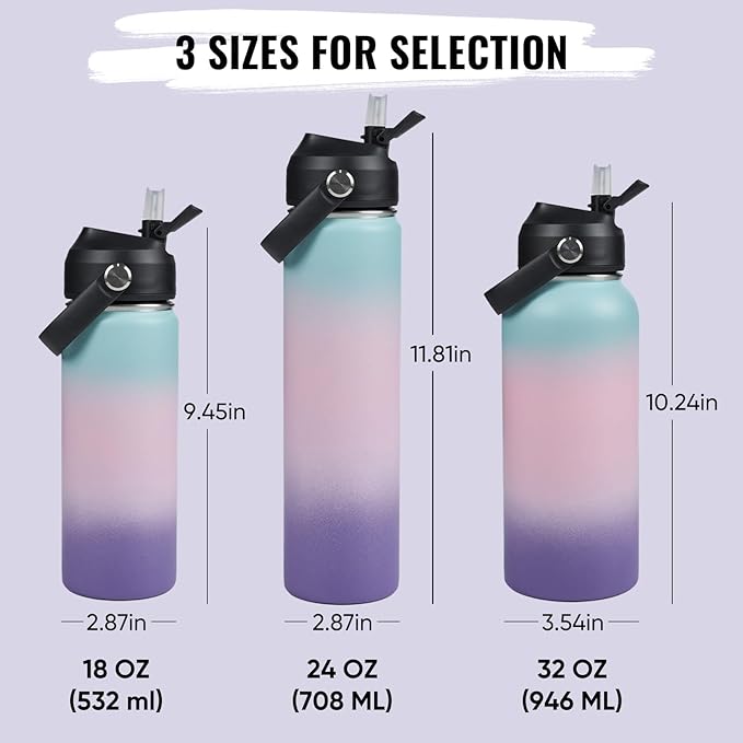 Fijinhom 24oz Insulated Stainless Steel Water Bottle, Wide Mouth Double Wall Vacuum, Silicone Straw, Sweat & Leak Proof, BPA Free Insulated Water Flask for Travel, Keep Cold 24h Hot 12h, Pink