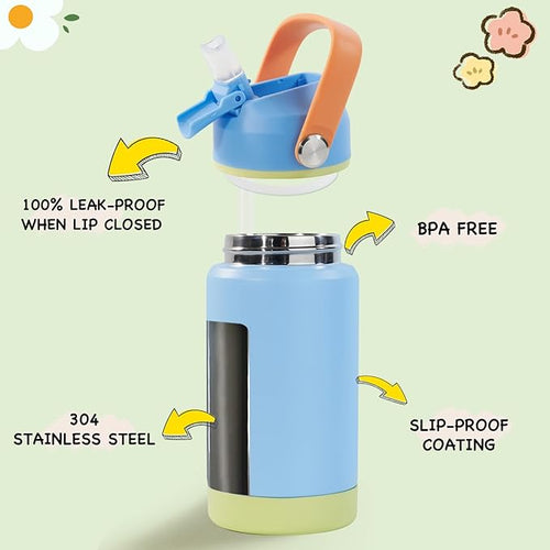 12oz Kids Water Bottle 2 Pack, Stainless Steel Insulated Water Bottle For Kids, Toddler Cup With Straws Leak-proof, Kids Water Bottles For School Boys Girls, BPA Free, Twilight Green+Sky 2-piece set