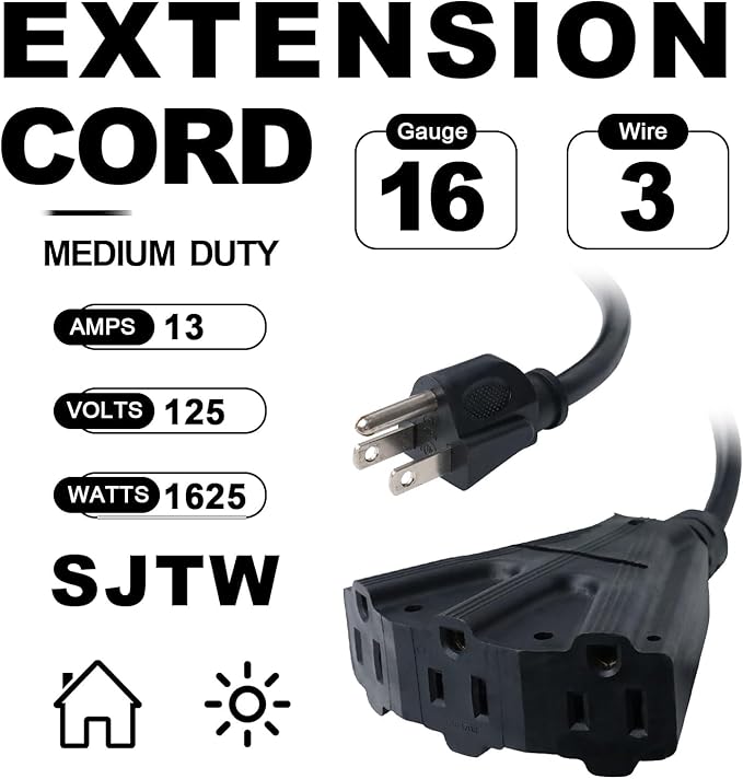 EP 25 Ft Outdoor Extension Cord with 3 Electrical Power Outlets - 16/3 SJTW Black Cable with 3 Prong Grounded Plug for Safety Great for Christmas Lights, Garden and Major Appliances