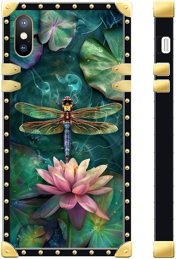 Compatible with iPhone Xs Max Case, Colourful Dragonfly Pink Lily Pads Luxury Golden Decoration for Girl Women Soft TPU Shockproof Protective Hard PC Back for iPhone Xs Max